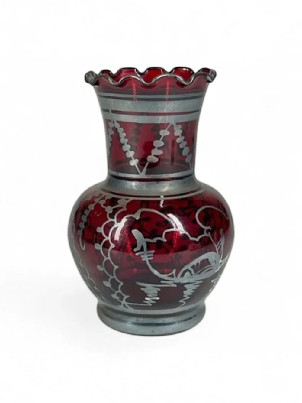 Vintage Red Ruby Bohemian Glass Hand Painted Vase Gondola Ride Stamped